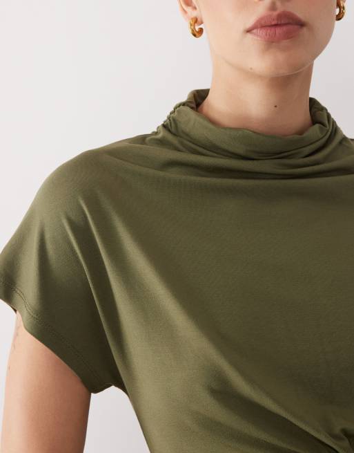 ASOS DESIGN – Kakifärgad topp med korta ärmar, hög krage och rynkning, 3 av 4