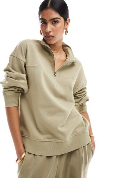 ASOS DESIGN – Kakifärgad, tvättad sweatshirt med kort dragkedja - view 1