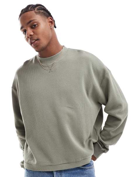 ASOS DESIGN – Kakifärgad, våffelstrukturerad t-shirt i boxig oversize passform med långa ärmar och kantband - view 1