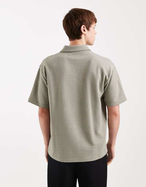 ASOS DESIGN – Kakifärgad, våfflad pikétröja med avslappnad passform och platt krage  , 3 av 5