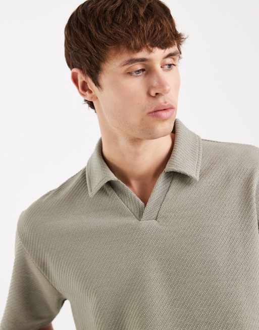 ASOS DESIGN – Kakifärgad, våfflad pikétröja med avslappnad passform och platt krage  , 5 av 5