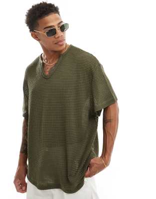ASOS DESIGN – Kakifärgad, virkad t-shirt i oversize