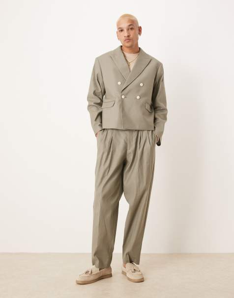 ASOS DESIGN – Kakifärgade, avsmalnande kostymbyxor i linneblandning och oversize - view 1