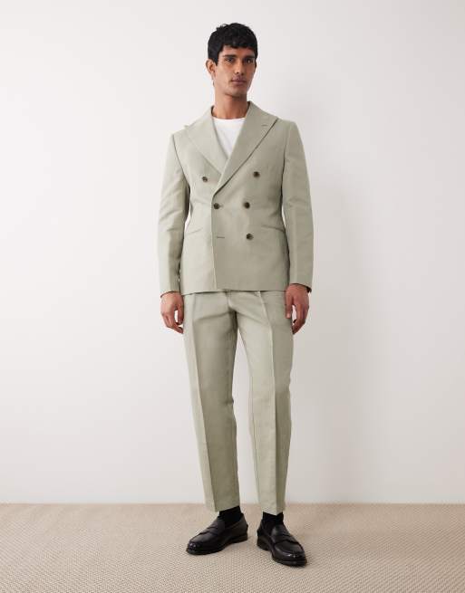 ASOS DESIGN – Kakigrön, smal, dubbelknäppt kostym i tyg med hög andel linne, 3 av 3