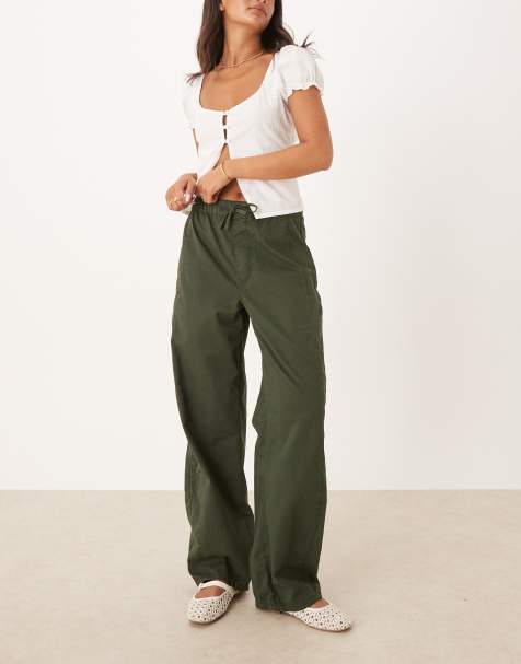 ASOS DESIGN – Kakifärgade byxor i bomull med barrelben och midjeband i boxershortsdesign - view 1