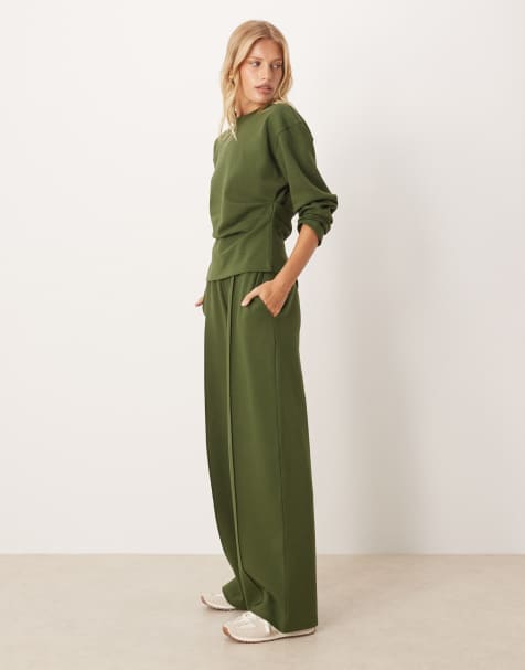 ASOS DESIGN – Kakifärgade, dubbelstickade byxor med vida ben, del av set - view 1