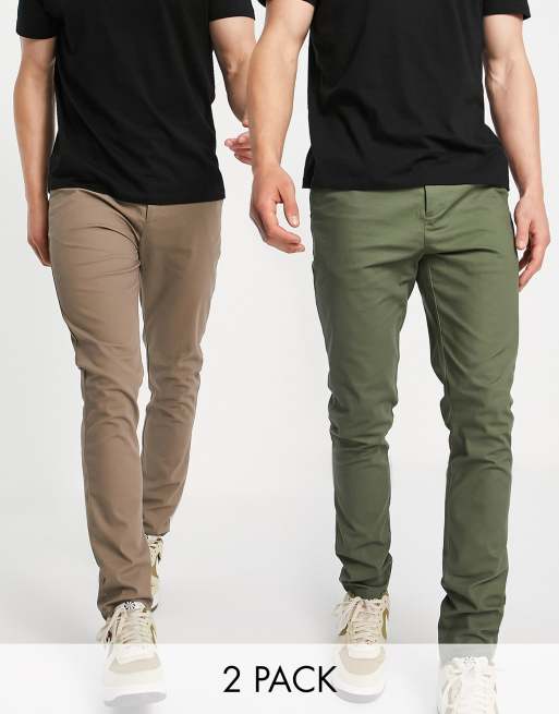 ASOS DESIGN – Kakifärgade och mörkbeige chinos med extra smal passform, 2-pack 