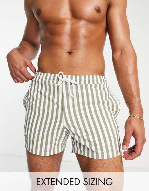 ASOS DESIGN – Kakifärgade randiga badshorts i kort design och bäckebölja