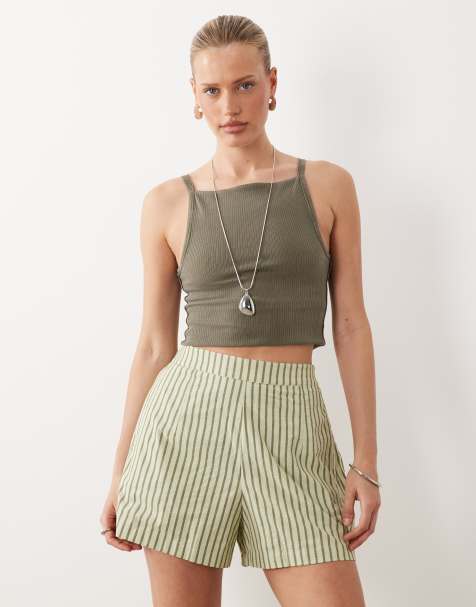 ASOS DESIGN – Kakifärgade, texturerade, randiga shorts i dra på-modell och vid passform - view 1