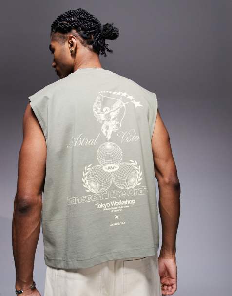 ASOS DESIGN – Kakifärgat linne med boxig oversize-passform och tryck fram- och baktill - view 1