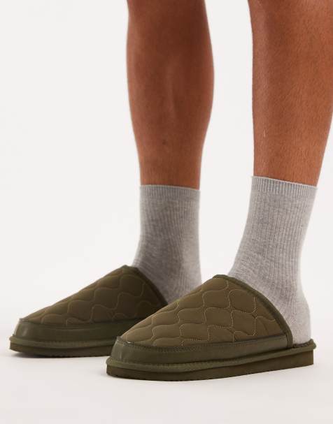 ASOS DESIGN - Kakifarvede mule-hjemmesko i nylon med for i imiteret lammeskind - view 1