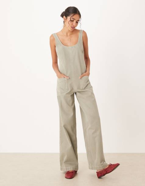 ASOS DESIGN - Kakifarvet jumpsuit i denim med lange stropper på ryggen - view 1