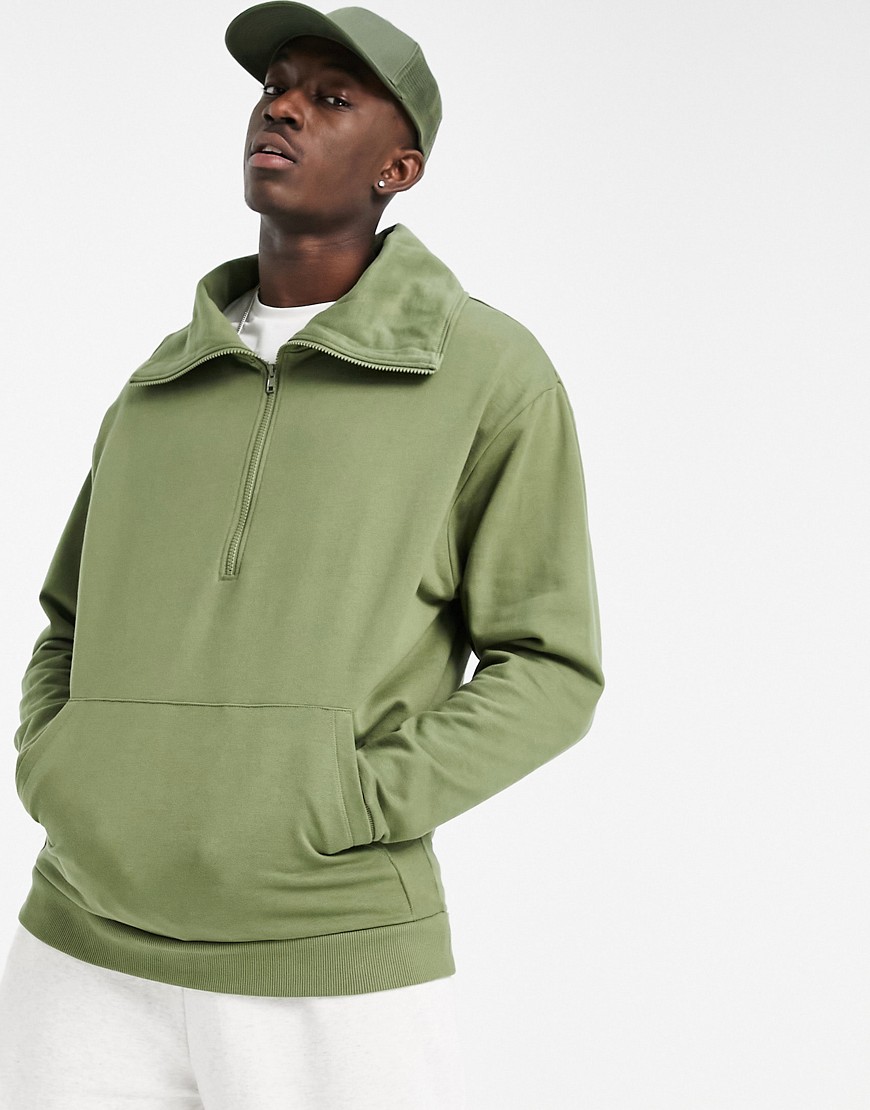 ASOS DESIGN - Kakifarvet økologisk oversized sweatshirt med lynlås og rullekrave-Grøn