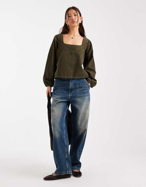 ASOS DESIGN - Kakifarvet langærmet babydoll-top i fløjl, 3 af 4