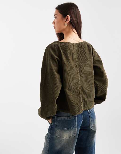 ASOS DESIGN - Kakifarvet langærmet babydoll-top i fløjl, 4 af 4