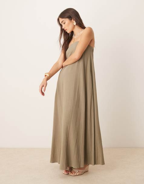 ASOS DESIGN - Kakifarvet maxi-sommerkjole med bandeau-snit i hørblanding - view 1