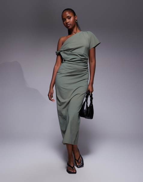 ASOS DESIGN - Kakifarvet midikjole med snoet skulderdetalje - view 1