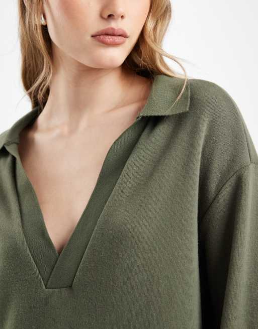 ASOS DESIGN - Kakifarvet og blød midikjole i polostil med løstsiddende pasform, 3 af 4