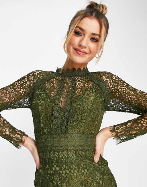 ASOS DESIGN - Kakifarvet pencil-midikjole i blondestof med blondedetaljer, 3 af 4