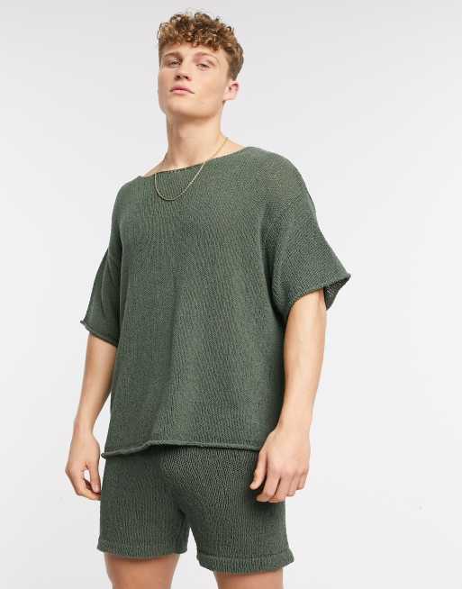 ASOS DESIGN - Kakifarvet strikket oversized T-shirt - Del af sæt