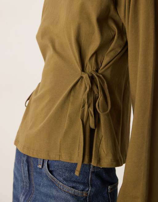 ASOS DESIGN - Kakifarvet top med lange ærmer og bindetalje, 4 af 4
