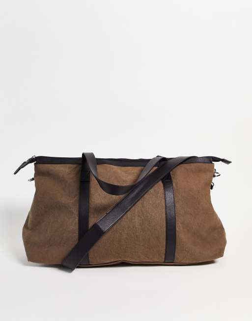 ASOS DESIGN - Kakifarvet weekend-taske i hold-all-stil i bomuldskanvas med læderremme