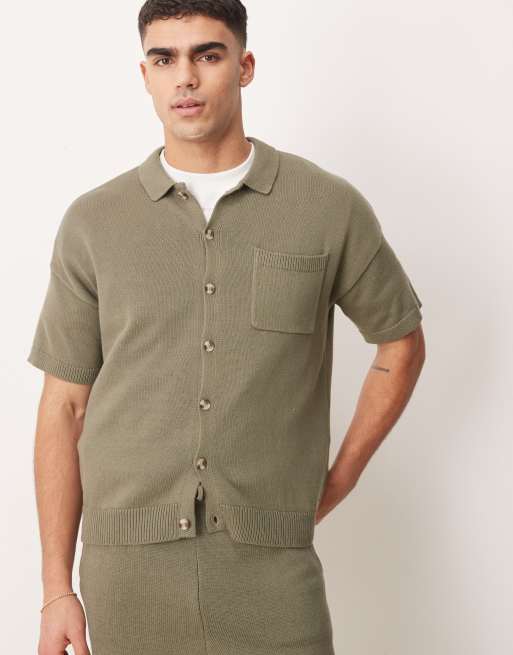 ASOS DESIGN - Kakigrøn afslappet polo med knapper i mellemtung, strikket bomuld i firkantet pasform