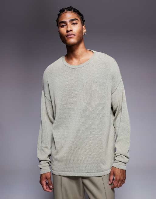 ASOS DESIGN - Kakigrøn afslappet strikket langærmet T-shirt med rund hals, 2 af 5
