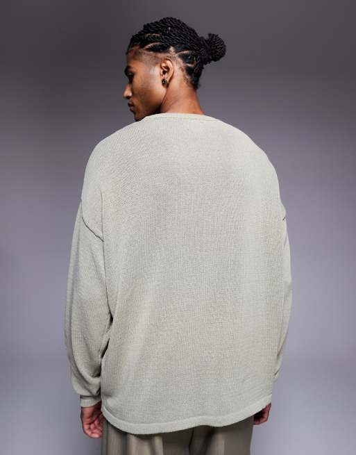 ASOS DESIGN - Kakigrøn afslappet strikket langærmet T-shirt med rund hals, 3 af 5