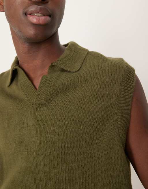ASOS DESIGN - Kakigrøn afslappet strikket ærmeløs polo i firkantet pasform, 3 af 4