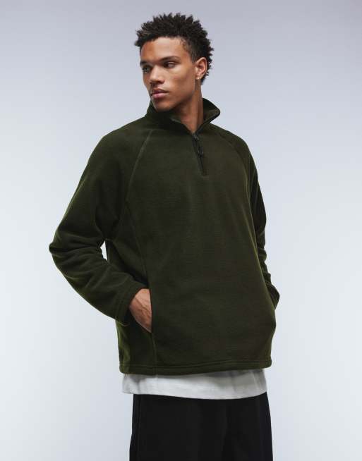 ASOS DESIGN - Kakigrøn afslappet sweatshirt i fleece med ståkrave og kvart lynlås