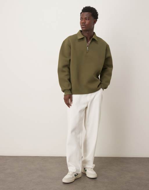 ASOS DESIGN - Kakigrøn afslappet sweatshirt i kraftigt scubalignende materiale med kort lynlås, 2 af 5