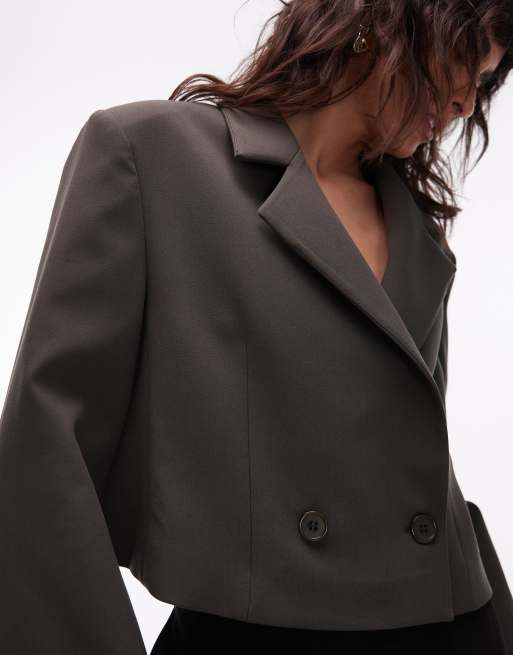 ASOS DESIGN - Kakigrøn cropped dobbeltradet blazer, 3 af 4