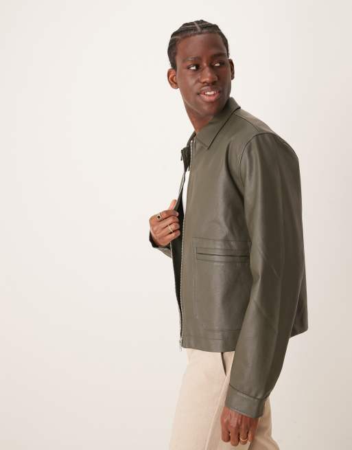 ASOS DESIGN - Kakigrøn Harrington-jakke i cropped snit i imiteret læder