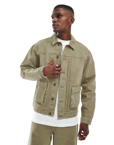 ASOS DESIGN - Kakigrøn Harrington-jakke i denim i firkantet pasform - Del af sæt - view 1