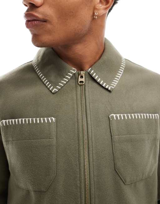 ASOS DESIGN - Kakigrøn Harrington-jakke med tæppesyninger i uldlook, 2 af 4