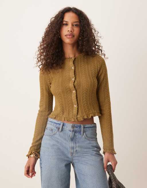 ASOS DESIGN - Kakigrøn hæklet strikket cardigan med flæsedetalje