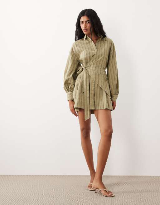 ASOS DESIGN - Kakigrøn langærmet skjortekjole i minilængde med bindebånd i taljen, 3 af 4