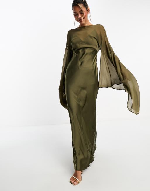 ASOS DESIGN - Kakigrøn maxikjole med ekstreme ærmer i chiffon og skørt med skråsnit i satin, 4 af 4