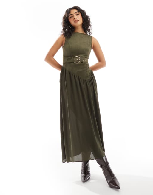 ASOS DESIGN - Kakigrøn midikjole med asymmetrisk talje og spænde i ruskind