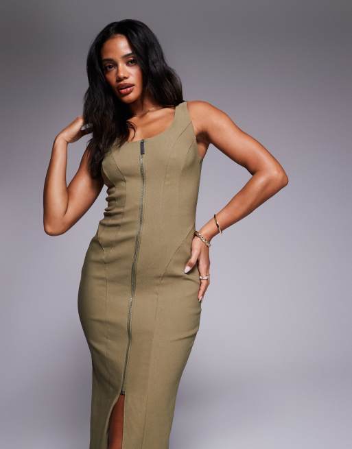 ASOS DESIGN - Kakigrøn midikjole med lynlåsdetalje og sømdetaljer i twill-bengalin, 2 af 4