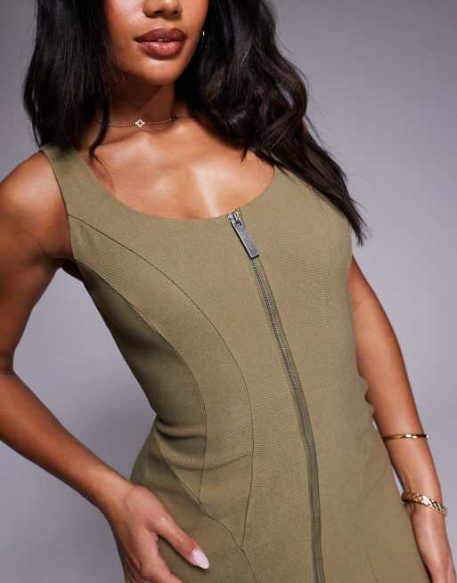 ASOS DESIGN - Kakigrøn midikjole med lynlåsdetalje og sømdetaljer i twill-bengalin, 3 af 4