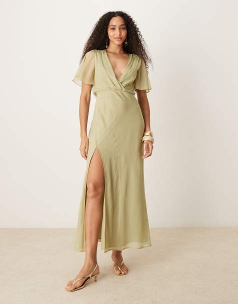 ASOS DESIGN - Kakigrøn midikjole med slå-om-snit foran, engleærmer og sømdetaljer - view 1