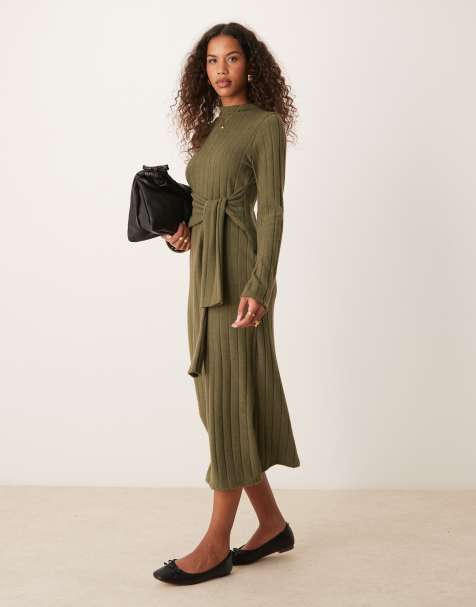 ASOS DESIGN - Kakigrøn midikjole med slå-om-snit i taljen i chunky, vamset ribstrik - view 1