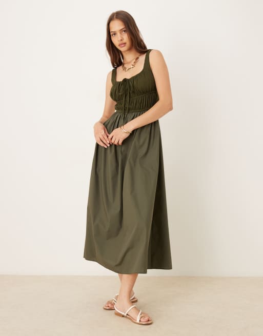 ASOS DESIGN - Kakigrøn milkmaid-midikjole
