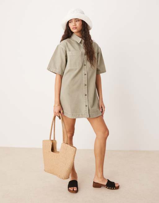 ASOS DESIGN - Kakigrøn mini-skjortekjole med korte ærmer i denim, 2 af 4