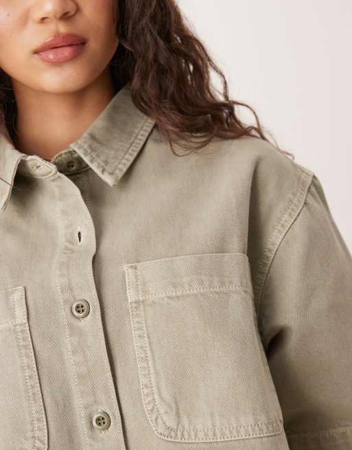 ASOS DESIGN - Kakigrøn mini-skjortekjole med korte ærmer i denim, 3 af 4
