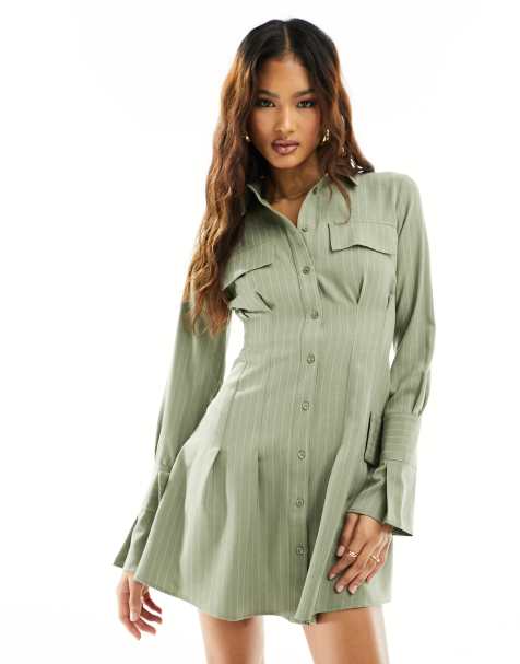 ASOS DESIGN - Kakigrøn mini-skjortekjole med oversized ærmekanter og nålestriber - view 1