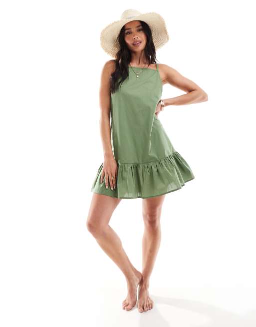 ASOS DESIGN - Kakigrøn mini-strandkjole med firkantet hals og sænket kant, 3 af 4