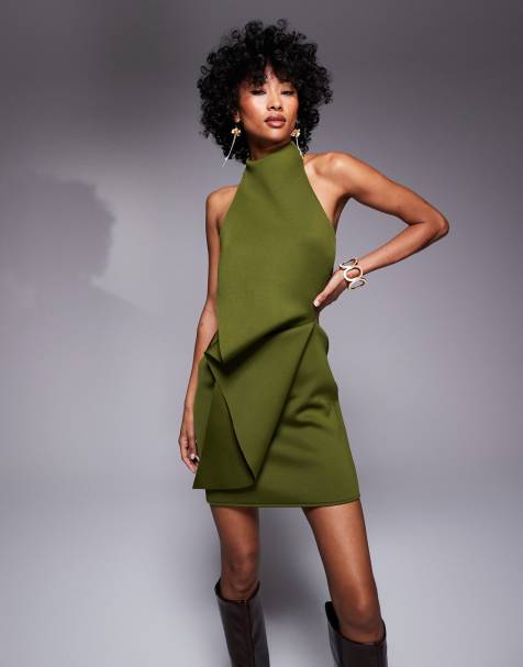 ASOS DESIGN - Kakigrøn minikjole i scubamateriale med halterneck og foldedetalje - view 1